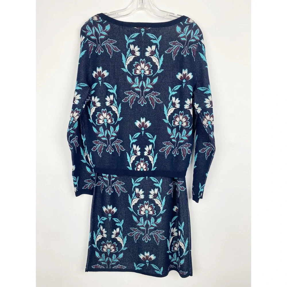 Ann Taylor Floral Jacquard Knit Sweater Skirt 2 Piece Set Womens L Navy NEW